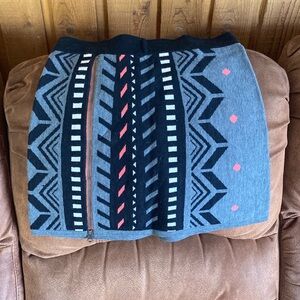 Title Nine Blue Merino Wool Mini Skirt with Black Pattern and Pink Accents